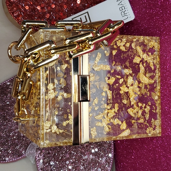 πHPπUrban Expressions πNWTπ Acrylic Gold Foil Box Bag & Gold Chain Handle! - Picture 13 of 15